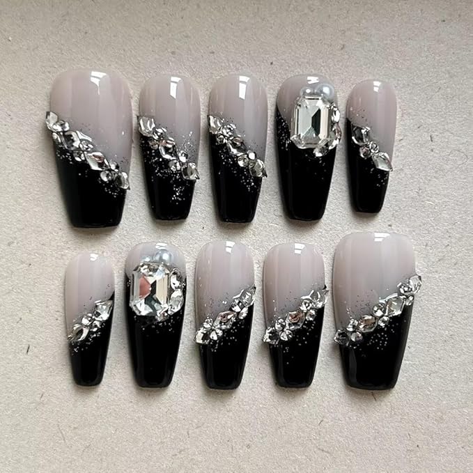 Handmade 3D Medium Coffin Press On Nails, French Black Gel Fake Nails, Long Lasting Reusable False Nails for Women, Easy Application Salon Manicure Designs (10 Pieces）- Size L