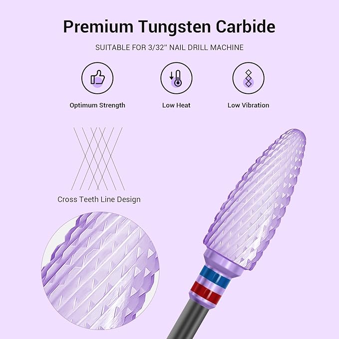 MelodySusie Ceramic Nail Drill Bit, 3/32'' (2.35mm) Professional Acrylic Nail File Flame Drill Bit for Manicure Pedicure Cuticle Gel Nail Polishing, Beginners Bits, Purple, Series Bit-S, Fine
