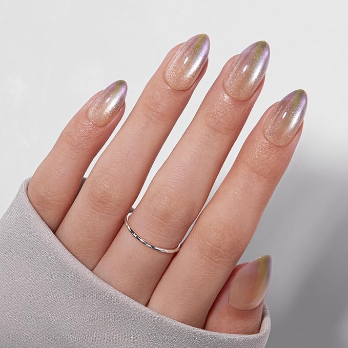 VSALON Press On Nails Short Almond, Nude Aqua Cat Eye Clear Shimmer Nails, Salon Quality Fake Nails Kit - 32 PCS Stick on Nails in 16 Sizes with UV Glue & Cuticle Oil