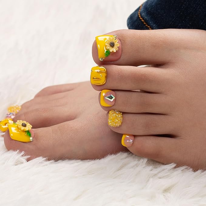 LOVFUL Press on Toenails Honey Bee Yellow | 20 PCS Free Size Toe Nails | Reusable Fake Nails for Toe | T101