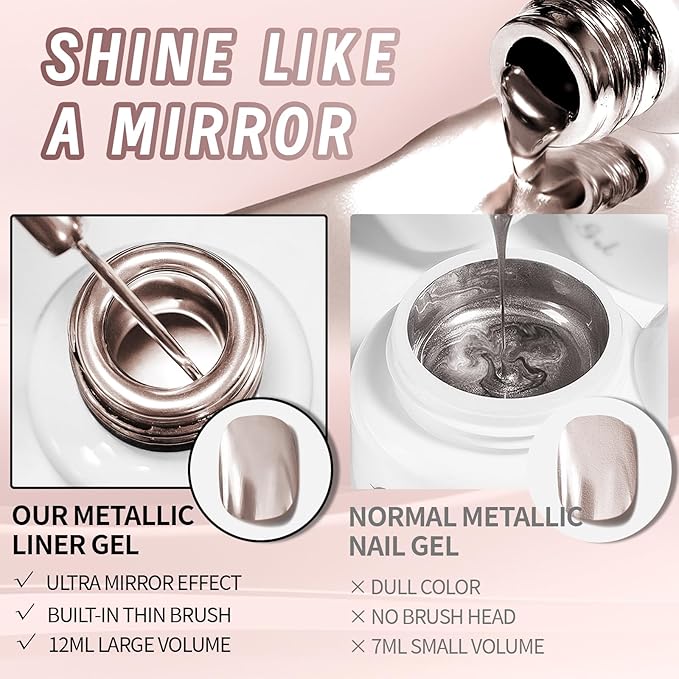 12ml Metallic Painting Gel Liner Nail Art 3D Mirror Chrome Effect Nail Polish Metal Painted Drawing Build in Thin Brush Soak Off UV/LED Light Rose Gold Gel for Nail Art DIY Manicure