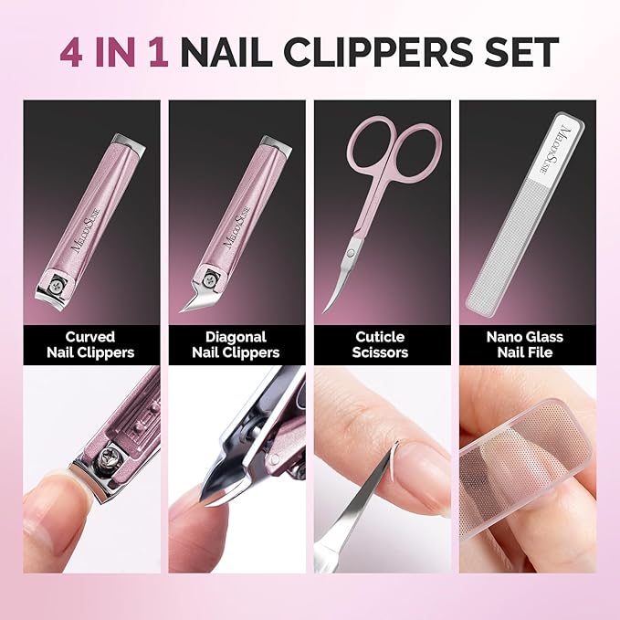 MelodySusie Nail Clippers Set 4 in 1, Ultra Sharp Toenail Clippers with Glass Nail File Cuticle Scissors, Stainless Steel Nail Clippers for Women, Fingernail Clipper Cutter Manicure Set Gifts, Pink
