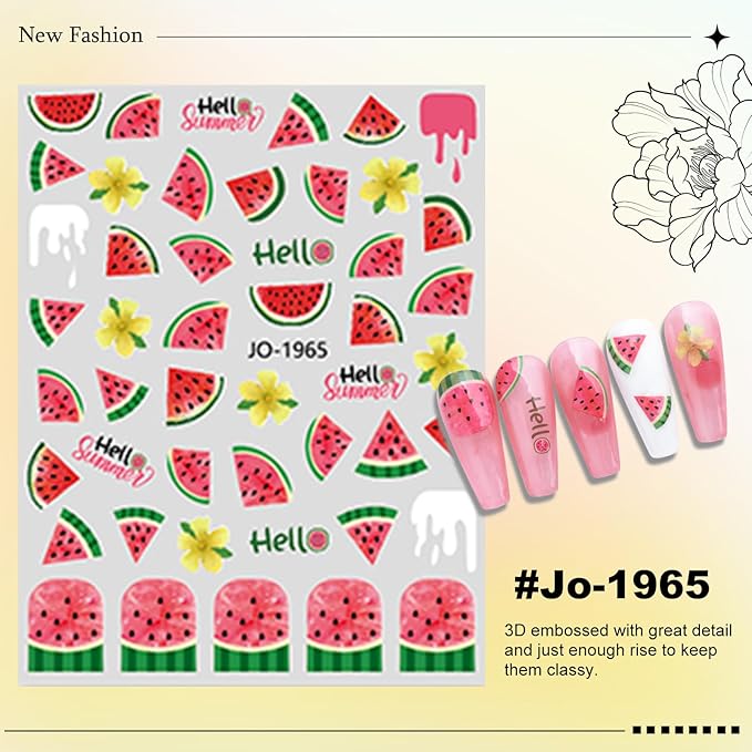 6 Sheet Fruit Nail Sticker for Nails Art 3D Embossed Self-Adhesive Cute Peach, Cherry, Lemon, Watermelon, Strawberry, Avocado Nail Decal Design Supplies for Women DIY Manicure Art Decoration YX1243