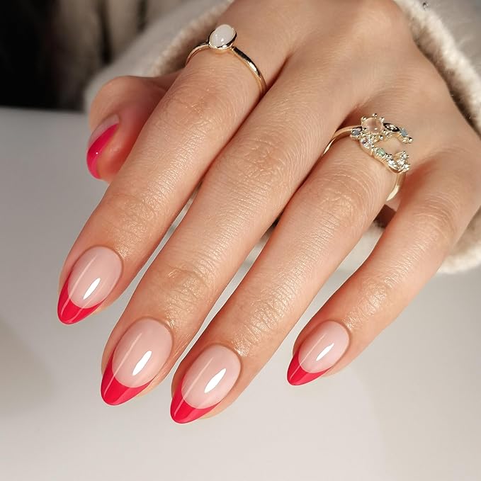 Red French Tip Press on Nails Short - SHANGMENG Soft Gel Valentines Almond Nails for Women Gift, Fit Perfectly & Natural Glue on Nails with Glue in 16 Sizes - 32 Reusable Fake Nails, Red French