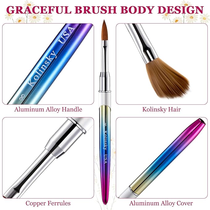 4 Pieces Kolinsky Acrylic Nail Brush Kolinsky Hair Bristles Round Shaped Handle Acrylic Brush Nail Brushes for Acrylic Application Nail Art Brush Nail Manicure Tool Size 6, 8, 10, 12