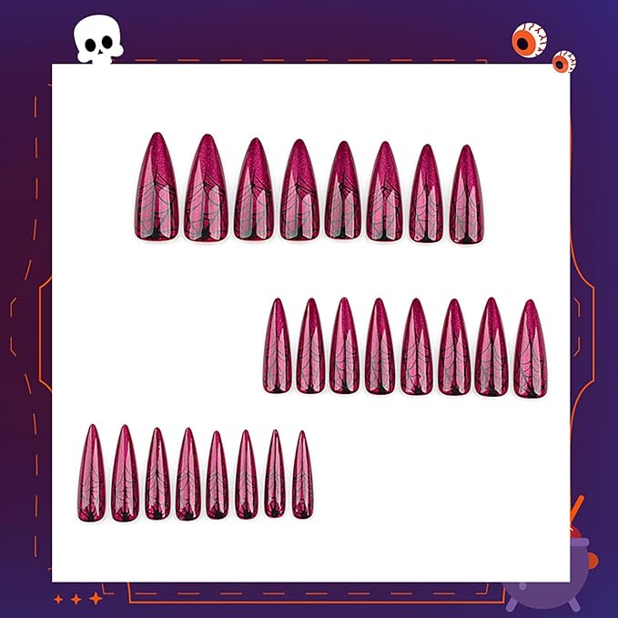 Halloween Press on Nails Long Stiletto Fake Nails KKUUOO Red False Nails with Spider Web Design Glossy Acrylic Nails Glitter Press on Nails for Women Girls Halloween Party Cosplay Manicure