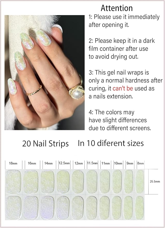 Semi Cured Gel Nail Strips, Snowflake 20pcs Adhesive UV Sticker, Wraps for Home Manicure DIY