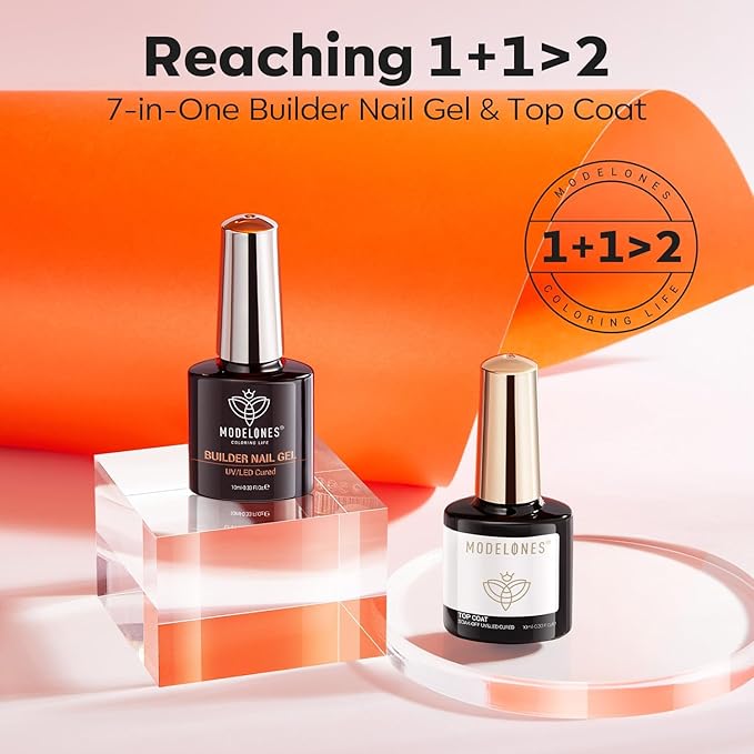 modelones Builder Nail Gel with Gel Top Coat, 8-In-One Clear Builder Acid Free Top Coat for Nail Thickening Apex Building Extension Shine Finish and Long Lasting, LED Lamp Cured 10ml DIY Home Salon