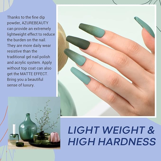 AZUREBEAUTY Dip Powder Nail Set Blue Sage Green Grey Shades, 6 Dark Colors Dipping Powder Starter Kit French Nail Art Manicure DIY Salon for Women, No Need Nail Lamp Cured