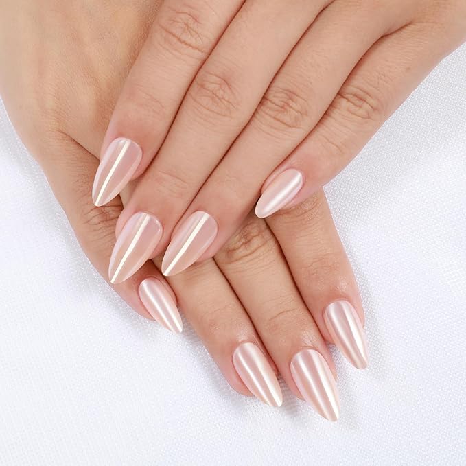 Rnker Press On Nails - Cream Color, Almond Top gel Nails with a Glossy Glaze Finish, 15 Sizes - 30 Nail Kit with Glue