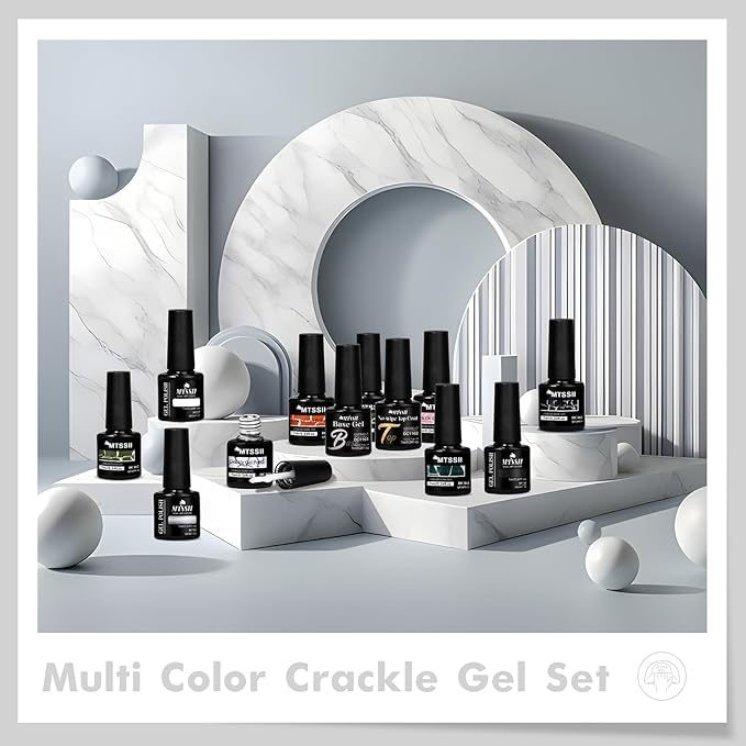 MTSSII Super Easy Crackle Gel Nail Polish 12pc Set - 7 Colors + White, Silver, Black - Base & Top Gel, Quick Dry Nail Art Kit - Fall Gift for Women