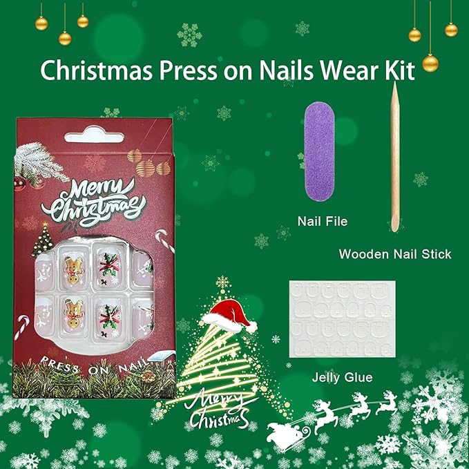 Christmas Press on Nails Short Oval Fake Nails with Snowflake Holly Gingerbread Man Designs White French Tip Xmas False Nail Winter Glossy Stick on Nail for Women 24 Pcs