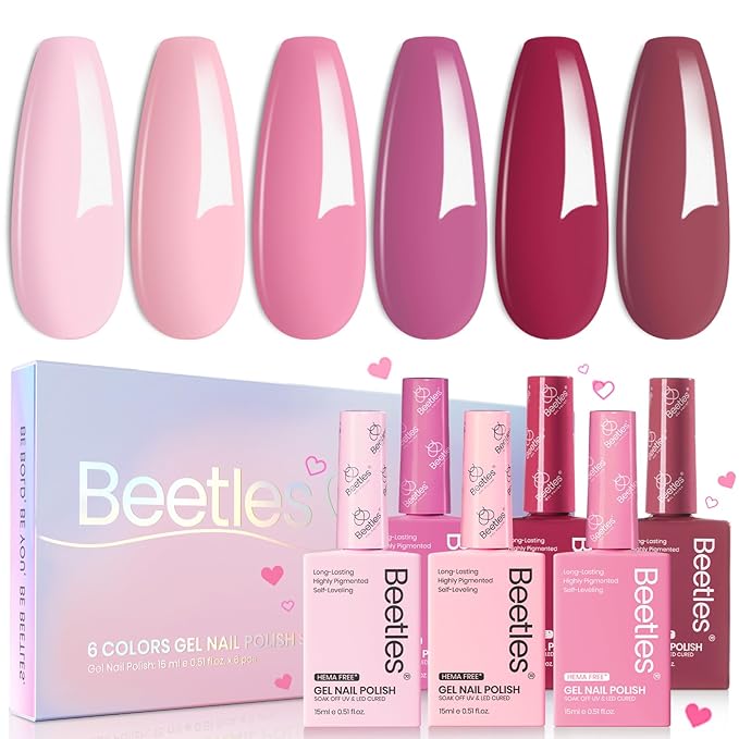 Beetles Valentines Gel Polish Set - Romantic Blush 6 Colors Gel Polish Set Hema Free, Nude Light Baby Hot Pink Colors Spring Valentines Nails, Long Lasting Soak Off UV LED Nail Lamp Gifts for Her