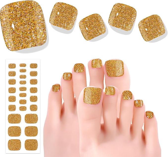 Semi Cured Gel Nail Strips - 26 PCS Salon Quality Toe Gel Nail Stickers for All UV Light - Longlasting & Easy Remove Toe Wraps Art Kit for Women (Pharaoh's Gold)