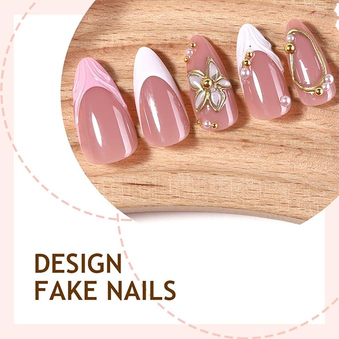 Press on Nails Medium Almond Fake Nails White French Artificial Nail with 3D Flowers Designs Stick on Nail for Women 24pcs