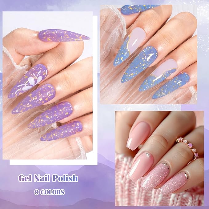 MEET ACROSS Rubber Base Gel For Nails, Shimmer Nude Gel Nail Polish Gold Foil Nail Strengthen/Enhance/Base Coat/Color Gel Polish with Super Top Coat, Prep Dehydrator and Nail Primer 12PCS