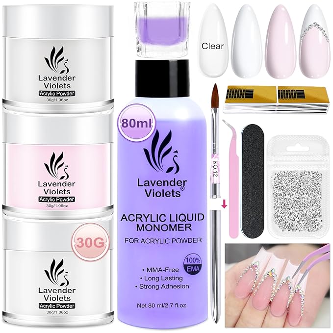 LAVENDER VIOLETS Acrylic Nail Kit for Beginners - 30g Clear White Pink Powder and 80ml Acrylic Liquid Set with Brush, Nail Forms, and Tools Professional Nail Set for Home DIY N301
