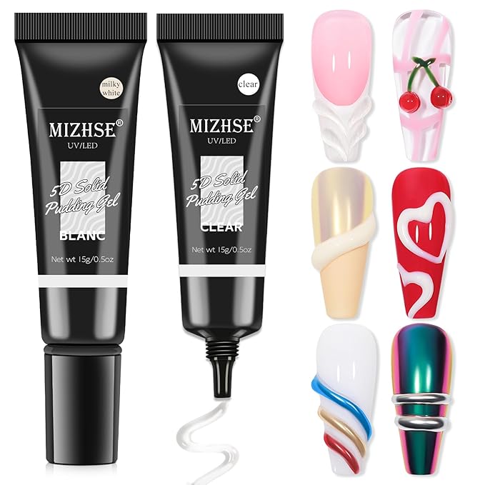 MIZHSE 3D Gel Nail Art, 2 Pcs 15g Sculpting Gel Glue for Molding, Drawing, Charms & Gems, Chrome Powder, Rhinestone Design, Clear and Milky White No Wipe Nail Polish for DIY Nail Art