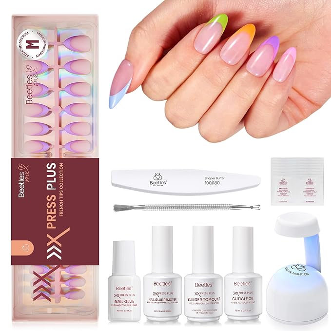 Beetles X Press Summer Nails Kit: Medium Almond French Tip Press On Nails Kit With 7 Colors 224Pcs Rainbow Nail Tips Nail Glue & Builder Top Coat Mini UV Light, All-in-One DIY Gift For Women 16 Sizes
