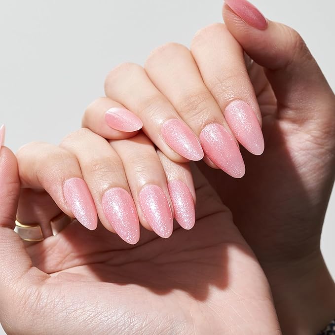 GLAMERMAID Pink Press on Nails Medium Almond, Handmade Glitter Light Pink Neutral Jelly Sofy Gel Glue on Nail Stiletto, Glossy Fake Nails Short Oval，Reusable Acrylic Stick on False Nail Kits for Women