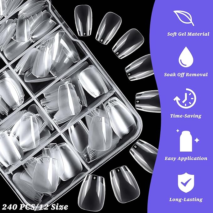 240pc Extra Short Gel Nail Tips Coffin Fake Nails Clear Press ons Nail, XS Short Coffin Nails Tips Acrylic Nails Extension Soft Gel Nails Tip Full Cover False Nail Clear Artficial Fingernails