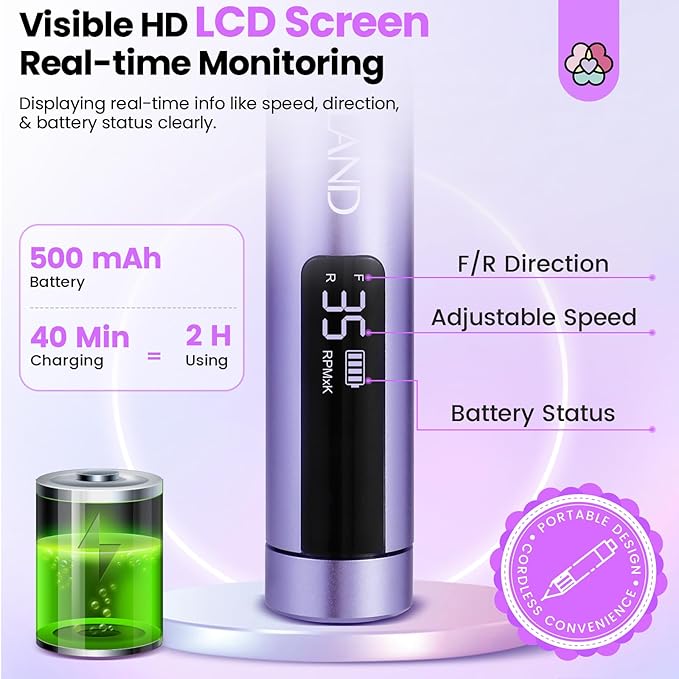 SAVILAND Electric Nail Drill: 35000RPM Cordless Electric Nail File Portable Nail Drill Professional 0 Vibration Hight Speed for 3 Mins Removal Acrylic for Manicure Pedicure Nail Salon at Home（Purple）
