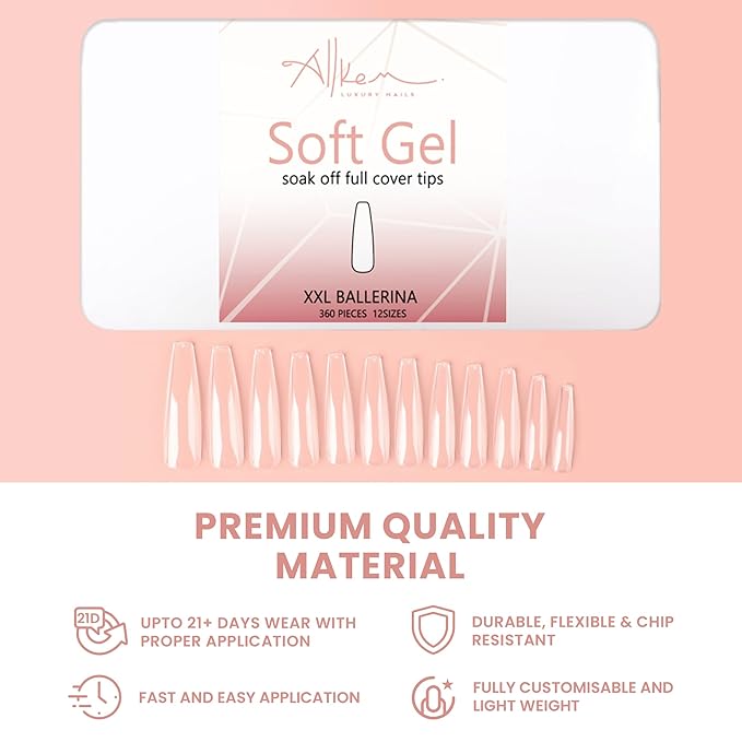 Allkem Soft Gel Nail Tips - 360 pcs XXL Ballerina Nail Extensions Kit - 12 Sizes Extra Extra Long Full Cover Nails - Clear (360 Pieces)