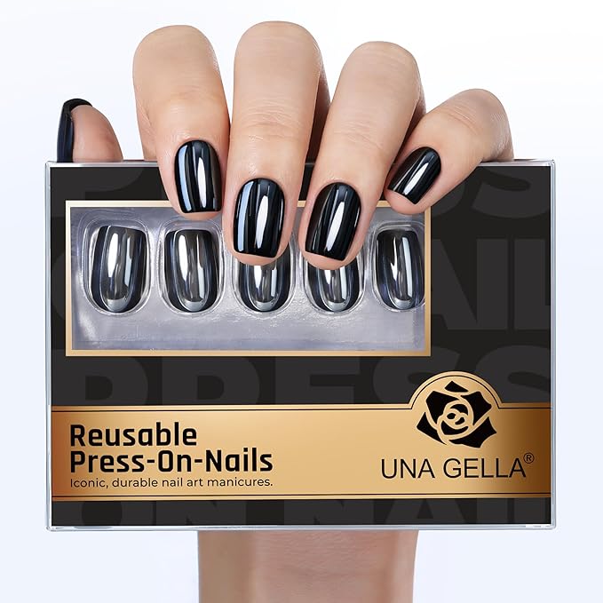 UNA GELLA 32Pcs Soft Gel Press on Nails - 16 Sizes Black Chrome Mirror Short Square Glue on Nails, Reusable Metallic Glossy Black False Nails, Full Cover Acrylic Nail Kit for Women DIY Home Manicure