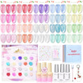 Beetles Spring Pudding Jelly Gel Nail Polish Set - 28PCS 20 Colors Jelly Pink Purple Red Blue Green Glitter Silver Cat Eye Base Glossy Matte Top Coat French Nails Gift Manicure for Women