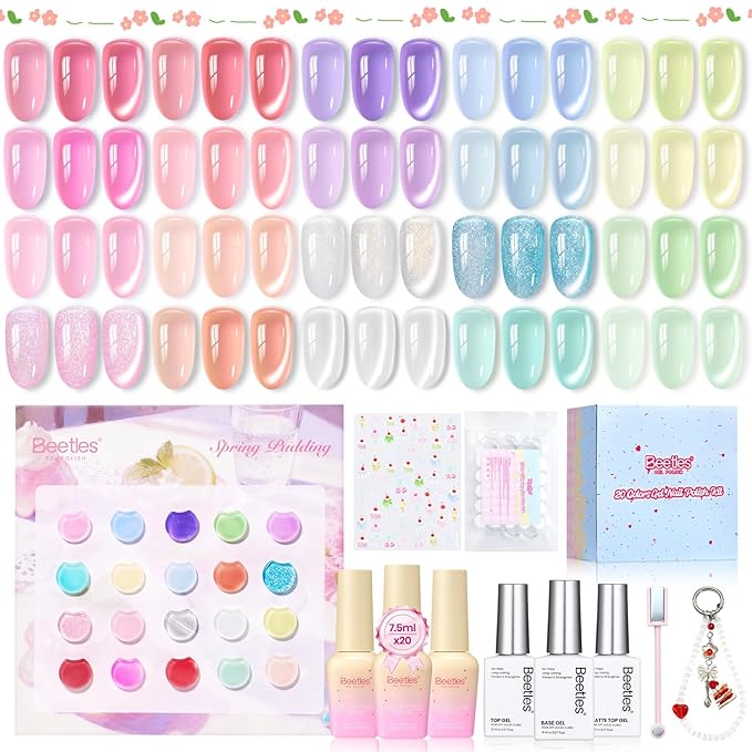 Beetles Spring Pudding Jelly Gel Nail Polish Set - 28PCS 20 Colors Jelly Pink Purple Red Blue Green Glitter Silver Cat Eye Base Glossy Matte Top Coat French Nails Gift Manicure for Women
