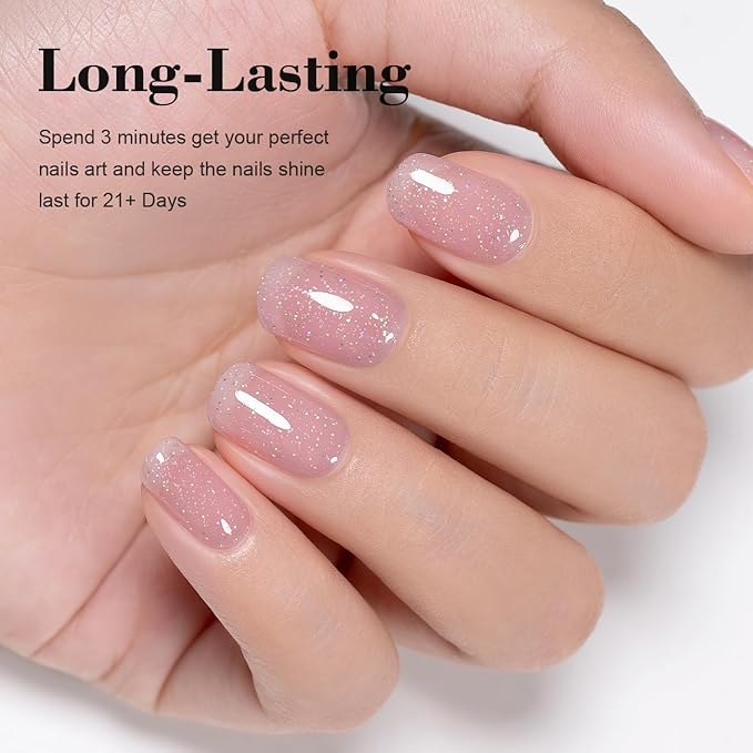RARJSM Glitter Rubber Base Gel Nail Polish Nude Pastel Pink Rubber Base Rainbow Iridescent Shimmer Brush on Quick Extend Builder Hard Gel Soak Off Curing Requires 15ml Salon Home French Manicure