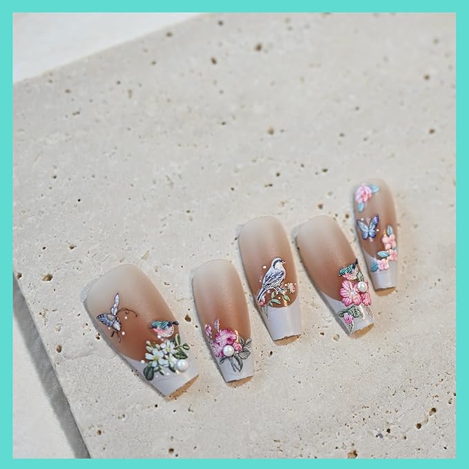 Flower Rose Bird Nail Art Stickers Pearl Rhinestones Embossed Vintage Nail Decals for Nail Art Design Self-Adhesive Nail Accessories for Women Nail Art Supplies 3 Sheets