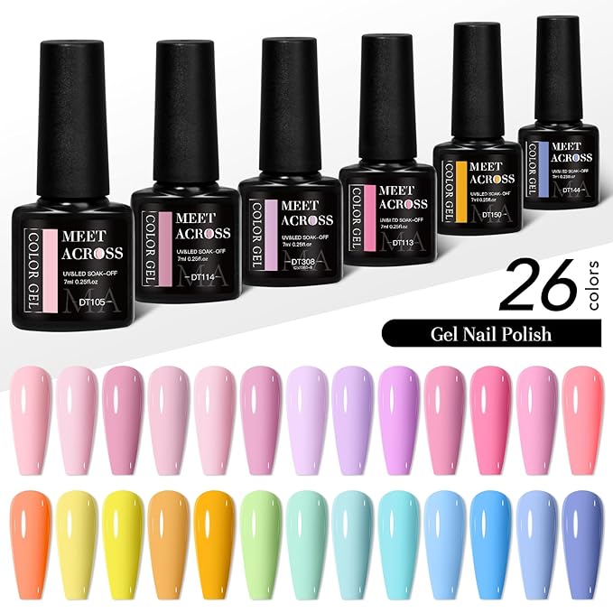 MEET ACROSS 30Pcs Nude Gel Polish Set Pink Sky Blue Gel Nail Polish Dreamy Town Series Macaroon Nail Manicure Kit Gift for Women 26 Colors