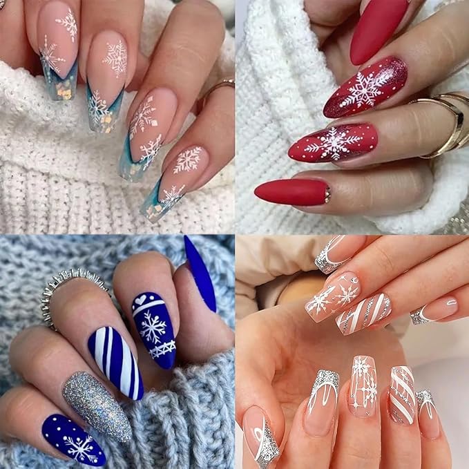10 Sheets Christmas 3D Snowflake Nail Art Stickers - White Self-Adhesive Glitter Design Winter Decals for Xmas and New Year - DIY Acrylic Nail Supplies for Women and Girls