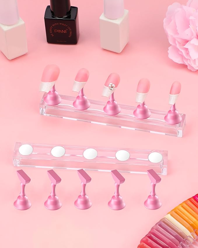 Nail Stand for Press Ons, Nail Holder for Painting Nails Magnetic Fake Nail Stand Tips Design with Putty Practice Nail Art Tools for Home Salon DIY Beginner Supplies (Rose)