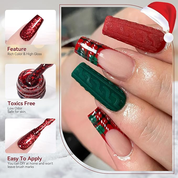 Born Pretty Christmas Gel Nail Polish Sparkle Glitter Green Red Gold Fall Winter Gel Polish Dark Green Burgundy Wine Red Gel Polish Set Nail Art Design Christmas Gift