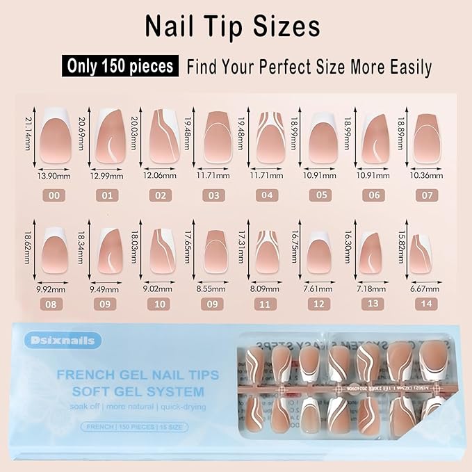 Short Coffin French Tip Press on Nails, 150pcs Soft Fake Nail Tips in 15Sizes, Pre-lasting Acrylic French Gel Nails Tips, No Need to File False Nail Tips Extension for Women Girl Nails DIY