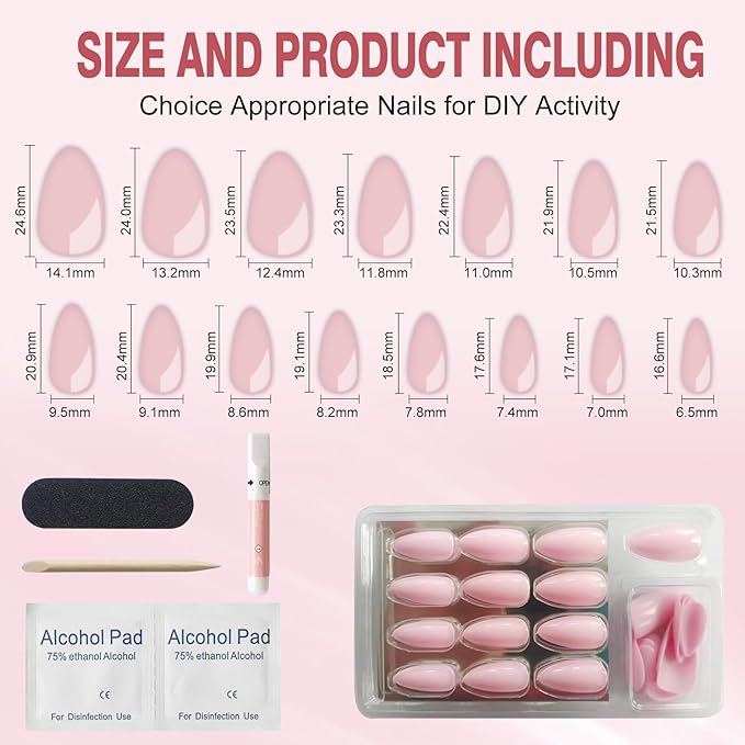 Rnker Press On Nails - Cream Color, Almond Top gel Nails with a Glossy Glaze Finish, 15 Sizes - 30 Nail Kit with Glue
