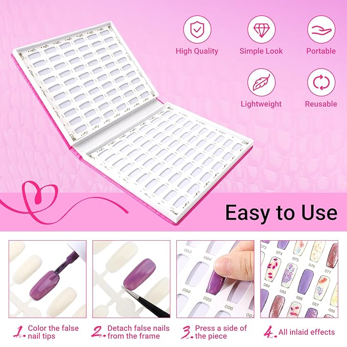 Segbeauty 120 Color Nail Swatches Polish Display Book, Pink Nail Color Display Book Sample, Nails Polish Organizer with 120 False Nails Tips, Gel Press On Nails Art Salon Supplies Holder Stand Case