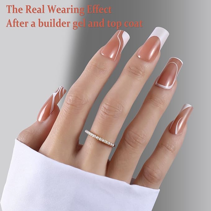 150pcs Square Press on Nails for Women, OPKssnails 5 Style Long French Tip Press on Nails, Pre-Designed Swirl French Tip Nails, Acrylic Gel Nail Tips, Fake Nails Extension for Nail DIY