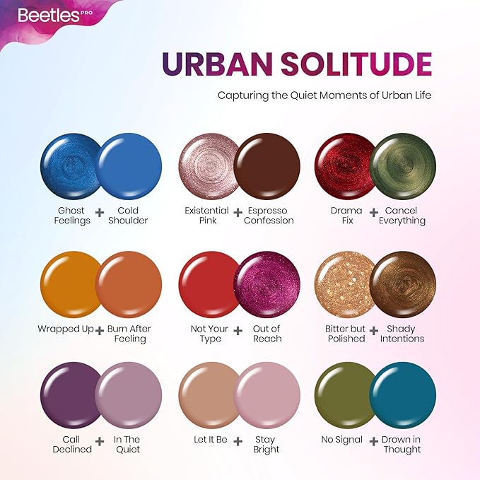Beetles PRO Gel Polish Kit – Urban Solitude Collection, 18 Colors 15ml Valentines Salon Polish Set with Base Coat, Glossy & Matte Top Coats, 6 Painting Gel For Nails & Tools, UV Nail Lamp Cure Needed