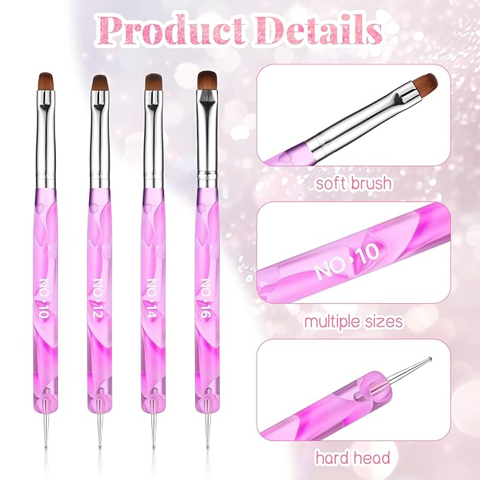 4 Pcs Acrylic French Gel Nail Art Brushes, Two Way Manicure Brush with Dotting Tool Double Ended Nails Gel Liner Brush for Manicure Cuticle Clean up Detailed Designs (10#, 12#, 14#, 16#)
