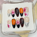 Handmade Press on Nails Medium Almond Fake Nails with Leopard Print and Flower Designs Acrylic Nails Full Cover Flower Press on Nails for Women Decorations (Size S)