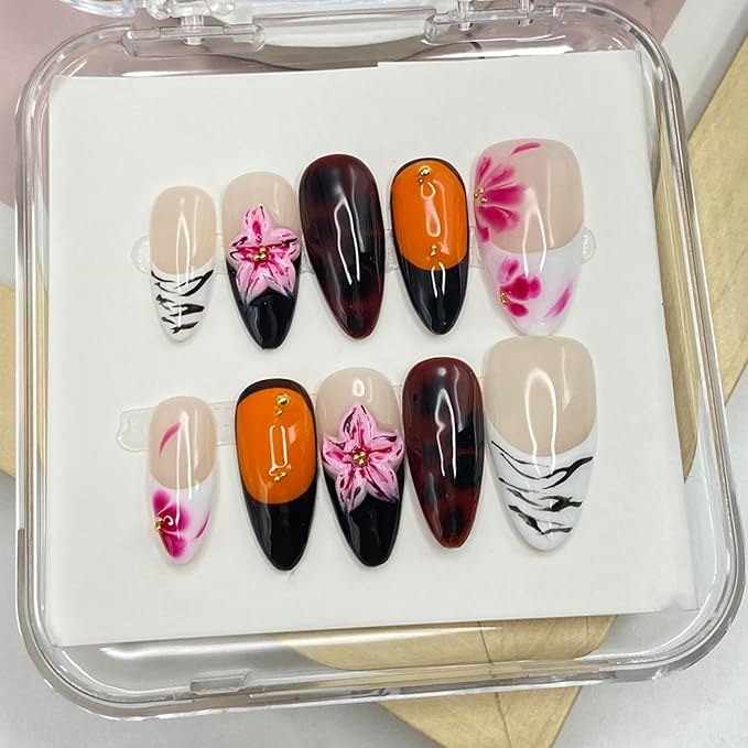 Handmade Press on Nails Medium Almond Fake Nails with Leopard Print and Flower Designs Acrylic Nails Full Cover Flower Press on Nails for Women Decorations (Size S)