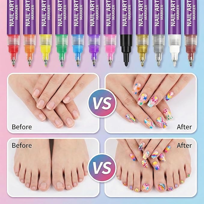 12 Colors Nail Art Pen Set - Quick Dry Nail Polish Markers with Fine Tip, 3D Painting Liner & Dotting Brush for DIY Salon Manicure, Professional Nail Art Kit Gift for Adults Beginners (2026 New)