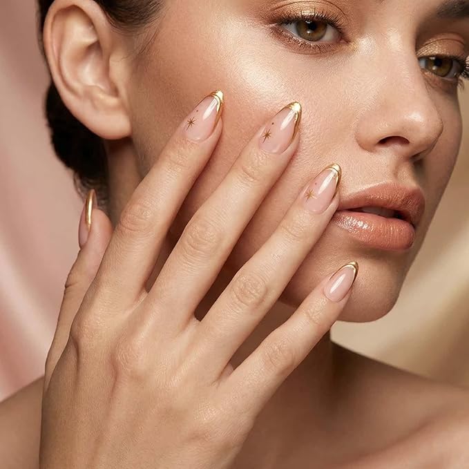 French Tips Press on Nails Almond Fake Nails with Gold Line Design Glue on Nails Removable Acrylic Nails Glossy Full Cover Stick on Nails for Women 24 Pcs