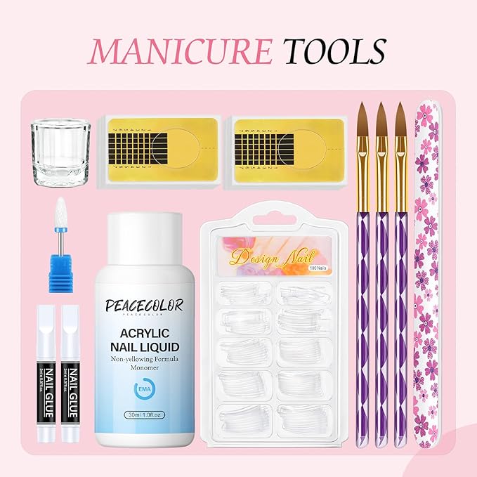 Acrylic Nail Kit for Beginners ,Clear/White/Pink Acrylic Powder Set Nail Drill U v light Nail Kit for Beginner 100PC Fake Tips Brush Manicure Tools for Extensions Starter Set DIY Home Salon