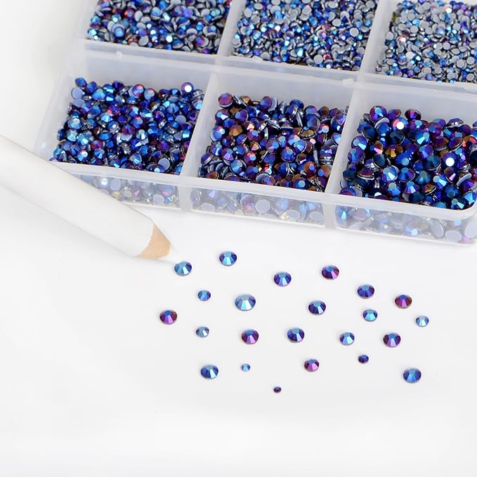 Bymitel Hotfix Crystal Rhinestones Round Gems for Crafts,Mixed 6 Sizes with Wax Pencil Kit, Amethyst AB 1.3-3.2mm(SS3-SS12/8000pcs)