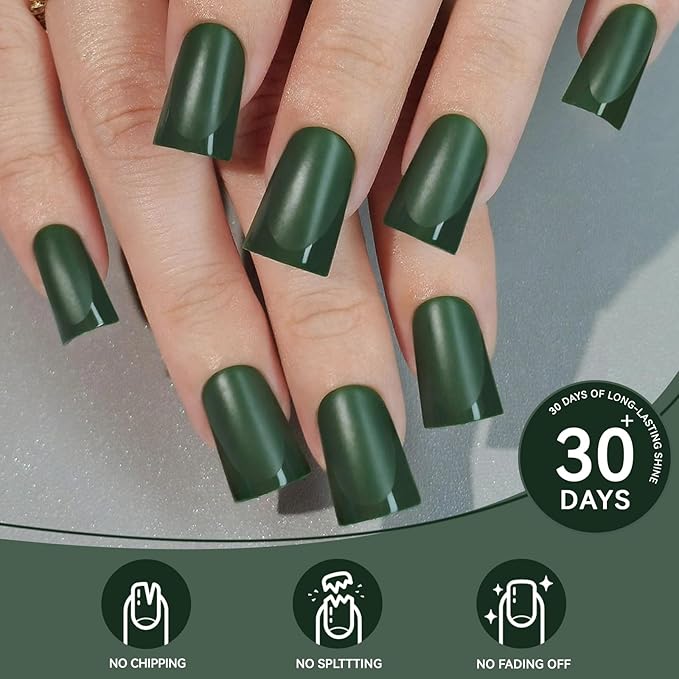 Green French Press on Nails Short Duckbill - Matte Dark Green with Glossy French Tip Fake Nails, Soft Gel Reusable Fall Autumn Acrylic False Stick On Nails for Women Gift, 30PCS 15 Sizes
