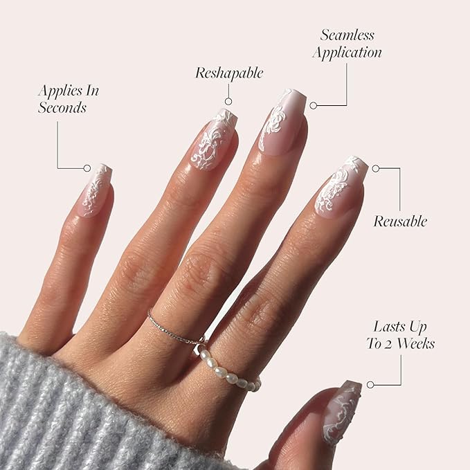 Valentines Day Glamnetic Press On Nails - Lace Blush | Glossy, Matte, Opaque, Medium Coffin Nails, with Lace Detailing, Salon Quality | 15 Sizes - 30 Nail Kit with Glue